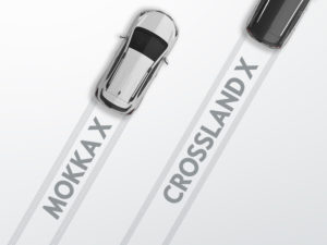 Abstract image of a full car and a half car with words 'Mokka X' and 'Crossland X'