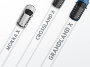 Graphic of top of three SUVs with Mokka X, Crossland X and Grandland X wording
