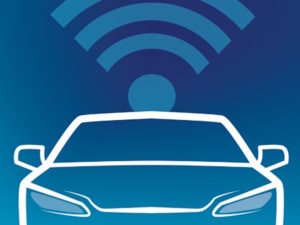 Blue graphic of a white outline of a car with WiFi image on top