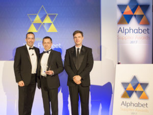 Kwik Fit GB fleet sales director Andy Fern (centre) with Matt Sutherland (left) Alphabet COO and host Ed Gamble.