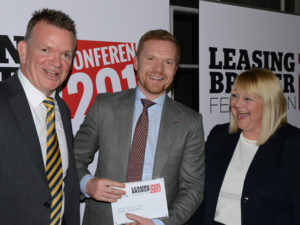 Judge Steve Cocks, director of broking division Lex Autolease (left), celebrates the Broker of the Year Award with Fleet Alliance’s Martin Brown, and chair of the judges Jo Elms