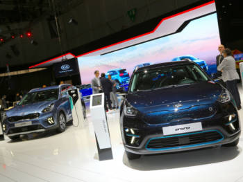 Kia e-Nrio and Niro Plug-in Hybrid on the stand at the Geneva Motor Show 2019